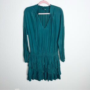 Ramy Brook Mini Dress Women’s Large Satin Emerald Green Pleated Long Sleeve B6